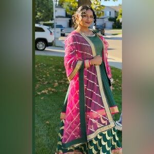 Pink and Green Traditional Dress with Gold Accents